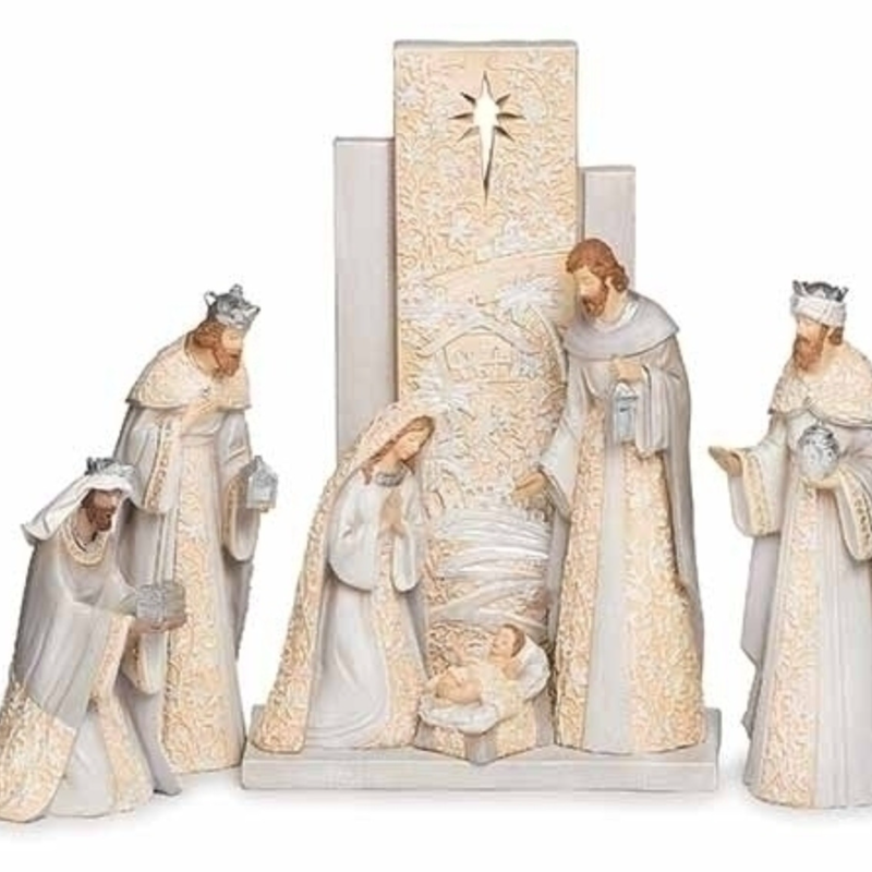Ivory & Gray Figurine Set with Backdrop Nativity, , large image number 0