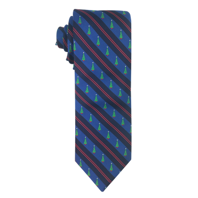 Blue Diagonal Stripe with Christmas Trees Necktie, , large