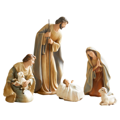 Holy Family, Shepherd & Sheep Wood Stained Nativity